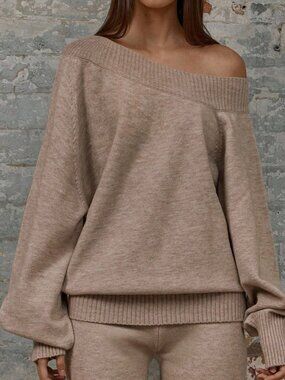 Khaki Casual Women's Knit Ribbed Neck Long Sleeve  sweater